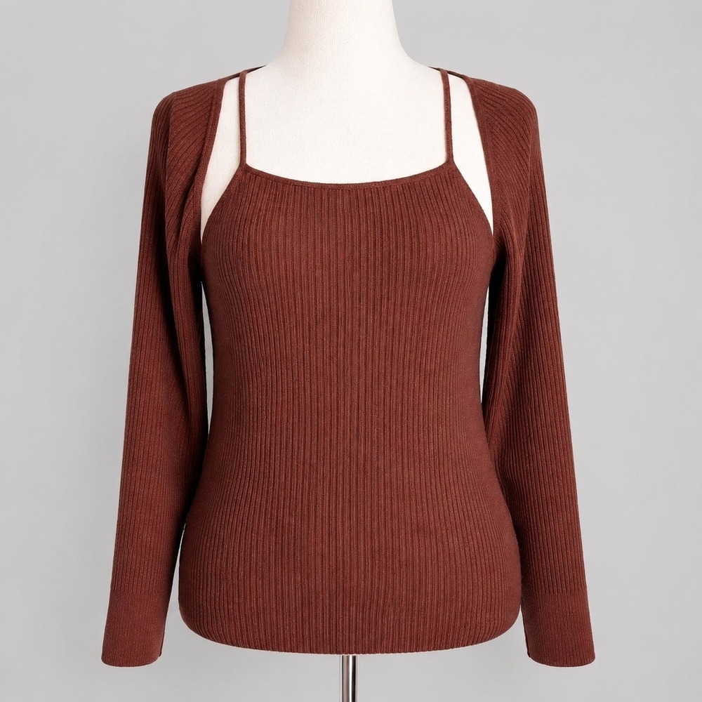 Anthropologie NEW Brown Cocoa Ribbed Cut-out Sweater 2fer Top Shirt SZ Large Y2K - Picture 10 of 10